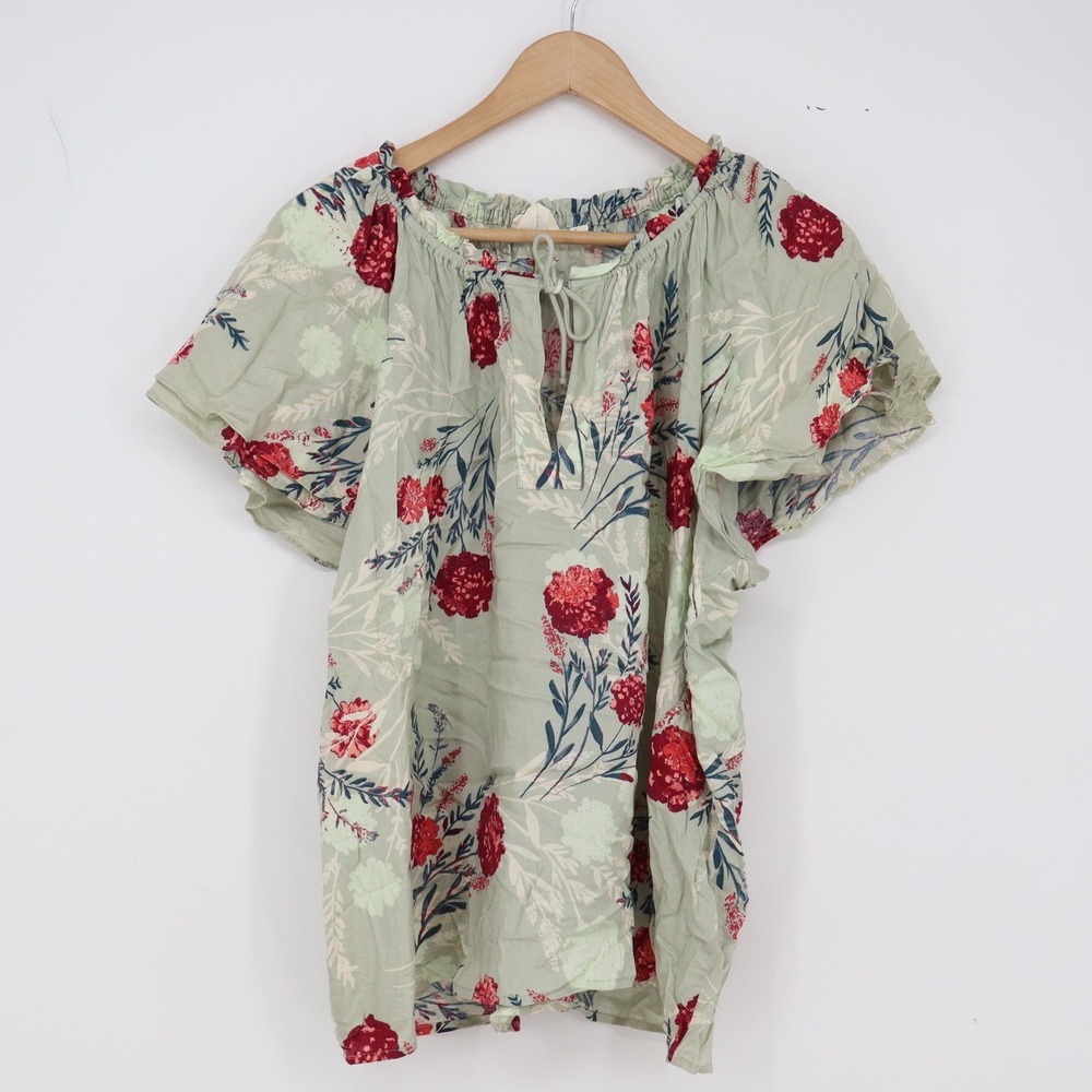 Candace Cameron Bure Blouse Womens XL Peasant Green Floral Flutter Sleeve Good